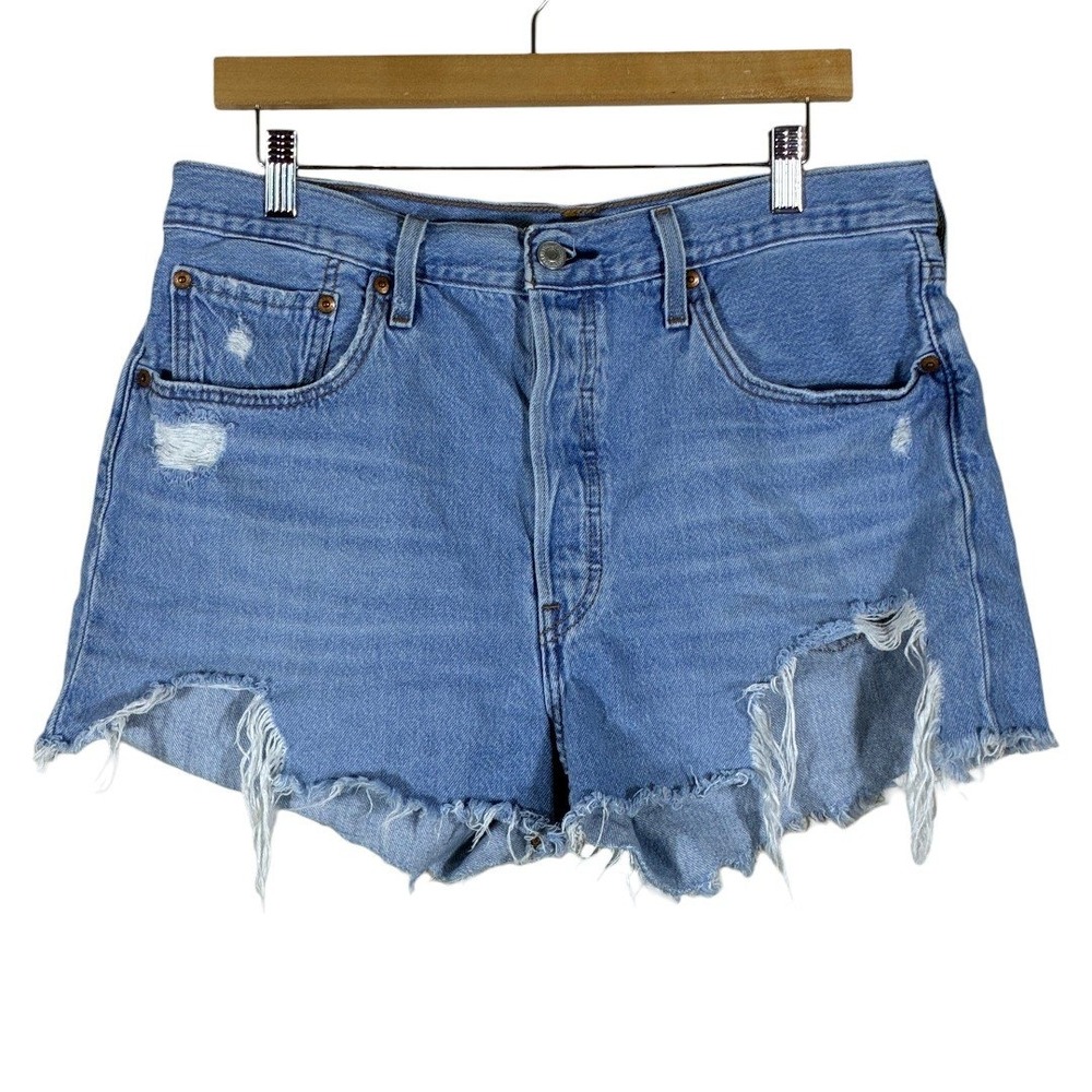 Levi's 501 Jean Shirts Distressed Cut Off Denim Medium Wash Frayed Size 32